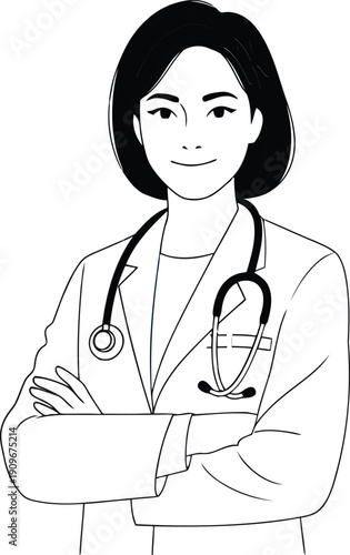 Smiling female physician portrait, an approachable symbol of modern healthcare and medical expertise, illustrated with a clean and professional aesthetic