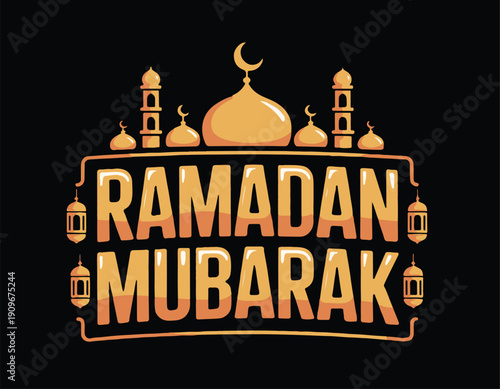 Ramadan Mubarak greeting with mosque silhouette and golden text design