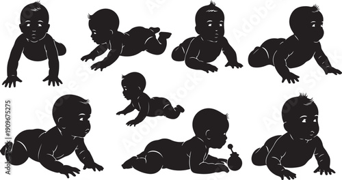 Silhouettes of babies in various crawling and lying positions
