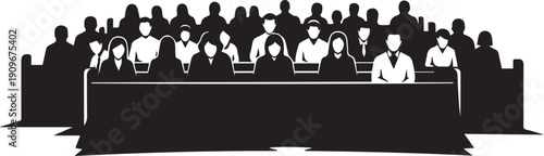Vector silhouette illustration of people in audience watching line art on transparent background