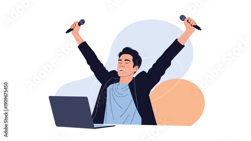 Joyful man in a suit celebrates success in front of his laptop while holding two microphones in a podcast or event setting.