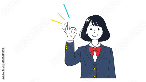 Happy high school student in a blue uniform and red bow tie makes an okay gesture with her hand against a white background.