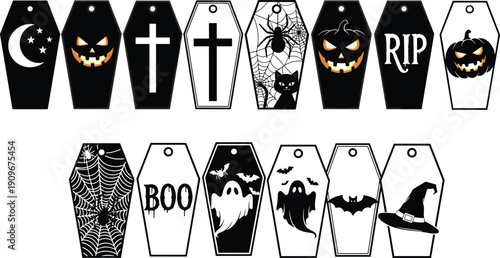 Halloween coffin gift tag collection with pumpkins, ghosts, crosses, spider webs and witch hat, black vector illustration isolated on white background