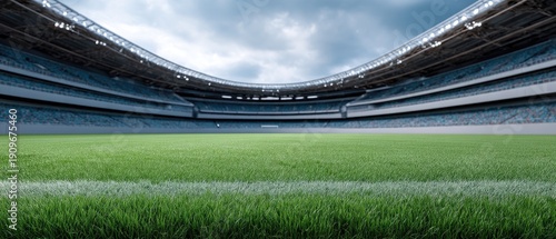 Fans fill the stands of a stadium as the sun sets, casting warm light over a grassy football field and a blue sky