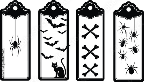 Halloween gothic bookmark set with bats, spiders, bones and black cat silhouettes isolated on white background, spooky vector illustration collection