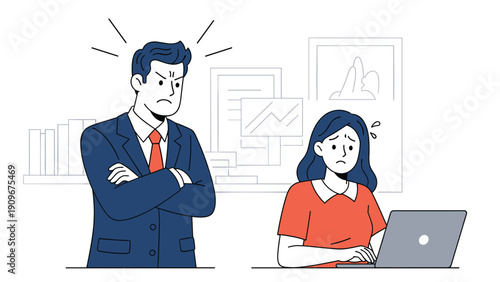 Angry male manager in a business suit scolds a female office worker at her desk causing her to look worried and stressed.
