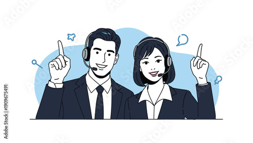Professional male and female call center representatives wear headsets and point upward while smiling with confidence.