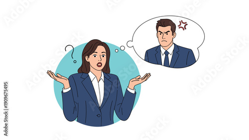 Confused young businesswoman shrugs her shoulders while thinking about an angry man in a suit within a thought bubble.