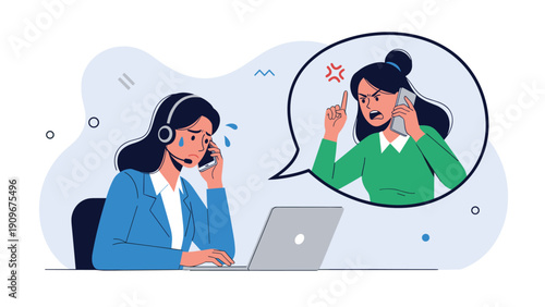 Stressed female operator at a customer support center talks on the phone while an angry woman yells in a speech bubble.