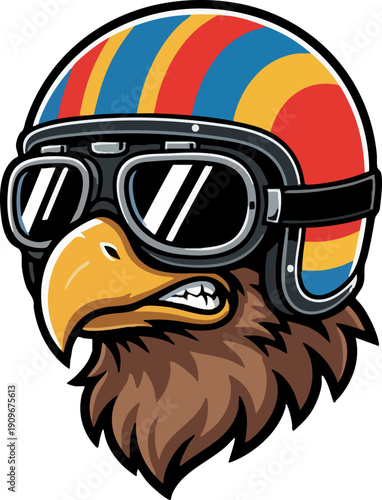 Retro Biker Eagle Mascot Head Wearing Striped Helmet