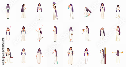 Flat vector set featuring a bride in a white lace wedding dress and purple veil performing various wedding day activities, isolated on a white background.