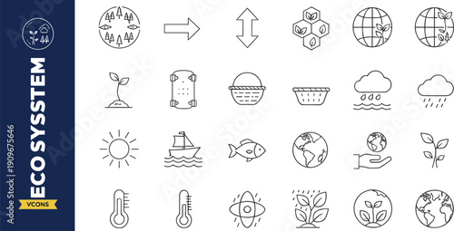 Collection of ecosystem and environmental line icons including climate, nature, water cycle, and sustainability symbols.