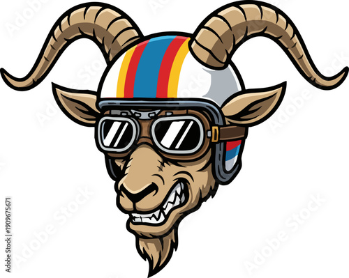 Retro Biker Goat Head Wearing Vintage Helmet and Goggles