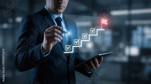 Focused businessman planning business strategy for success and career growth. checklist represents goal achievement and progress towards target with determination
