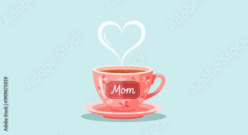 A heartwarming illustration of a pink coffee cup with Mom written on it.