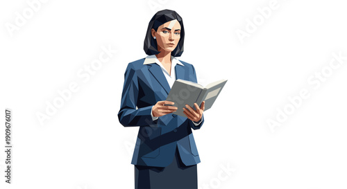 Modern geometric illustration of a businesswoman in a suit reading a book. Use for corporate communications, educational material, or financial services advertising.