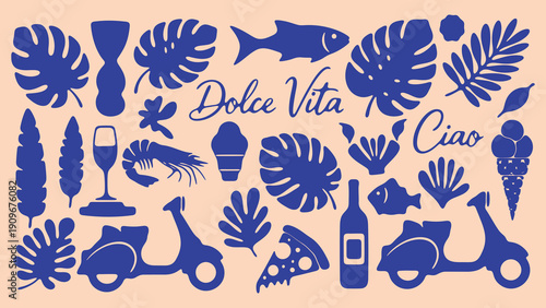 A vibrant collection of Italian-inspired icons and symbols on a peach background