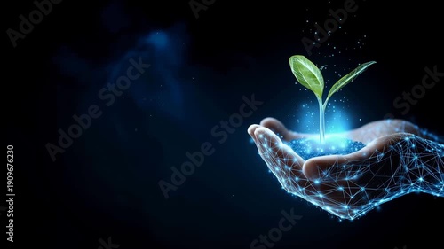 Digital innovation concept with glowing hand network holding green plant seedling