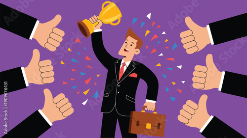 businessman holding trophy celebrating success with thumbs up hands around corporate achievement victory concept illustration