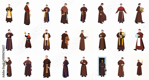 Flat vector illustration set showing diverse Catholic clergymen and friars in brown robes performing religious duties and holding symbolic items.