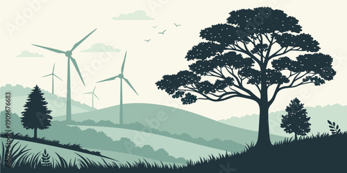 Wind turbines generating clean energy in a lush green landscape with a large tree