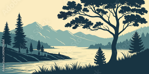 A serene lakeside scene with a majestic tree and distant mountains under a clear sky