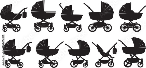Various Black Silhouettes of Baby Strollers on White Background