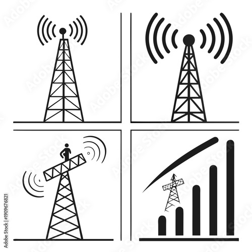 Illustrations of telecommunication towers and signal strength indicators