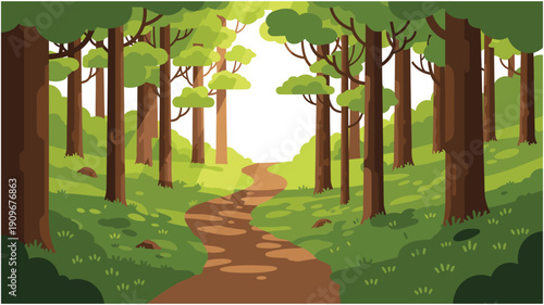 A serene forest path leading towards a bright, sunlit clearing amidst tall trees.