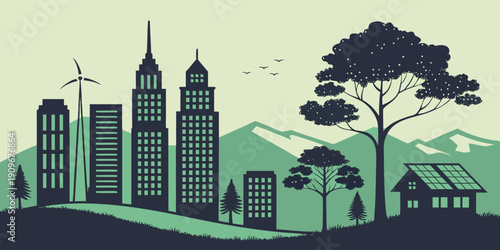 A vibrant cityscape with green buildings and wind turbines in the background