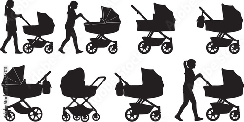 Silhouettes of mothers pushing baby strollers in various positions
