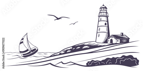 A serene seascape featuring a sailboat and a lighthouse on a rocky shore.