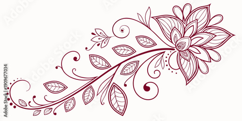 Intricate red floral design with swirling vines and delicate leaves