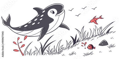 A playful dolphin leaping over the ocean waves with seagulls flying around