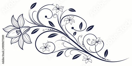 Intricate black and white floral design with swirling vines and leaves