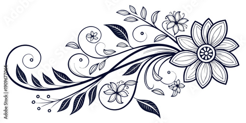 Intricate black and white floral design with swirling leaves and delicate flowers