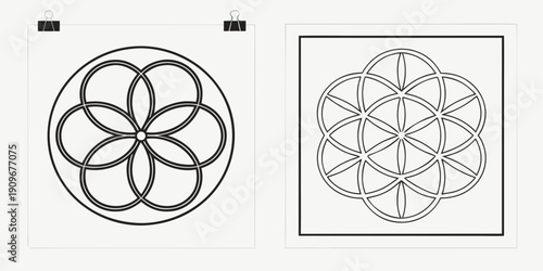 Intricate geometric patterns of circles and lines forming complex symmetrical designs