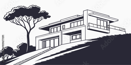 A modern house with a flat roof and large windows on a hillside