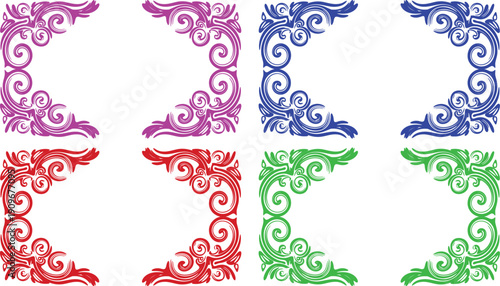 A colorful collection of ornate corner designs in various vibrant hues and patterns.