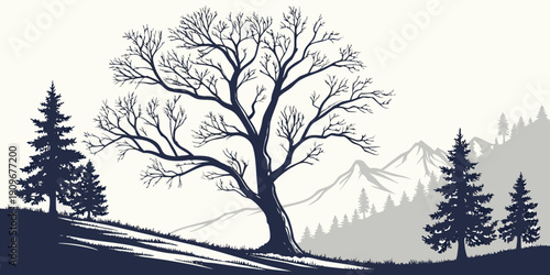 A majestic tree stands tall amidst a serene forest landscape with mountains in the background.