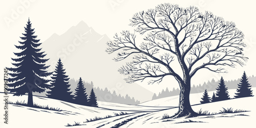 A serene winter landscape with a lone tree standing tall amidst a forest of snow-covered pines