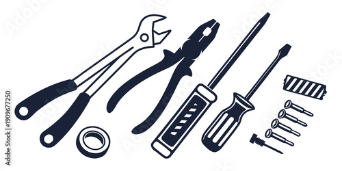 Assorted hand tools and fasteners arranged on a white background