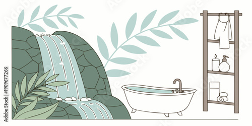 A serene bathroom scene with a bathtub, plants, and a window overlooking a mountain landscape.