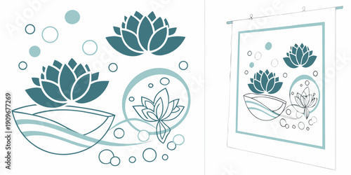 A serene watercolor illustration of lotus flowers and a vase