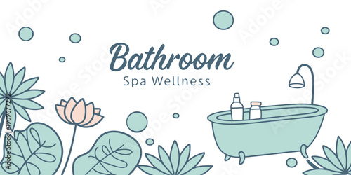 A serene bathroom spa scene with a bathtub, plants, and bubbles for relaxation and wellness