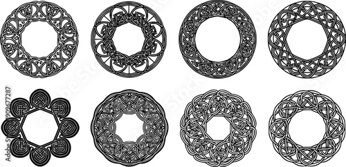 Celtic round frames. Old circle border frames with celtic folk knots, knotted braid ornaments decorative tattoo design. Circular patterns vector set