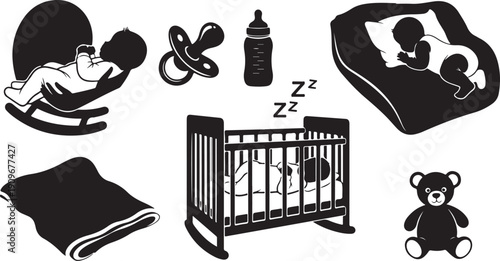 Baby Nursery Essentials and Sleep Time Routine Objects Silhouette