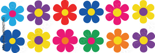 A colorful illustration of various flowers in different colors and shapes on a white background