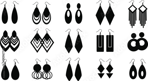 Black Earrings Silhouette Collection Set of Geometric and Teardrop Dangle Jewelry Isolated on White Background Vector Fashion Accessory Illustration