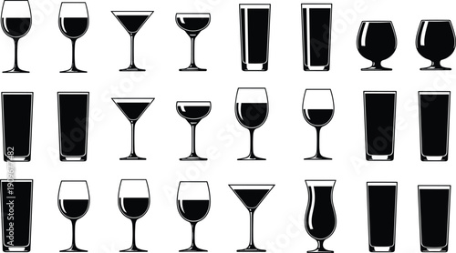 Alcohol Drink Glass Silhouette Collection Set of Wine Cocktail and Beer Glassware Isolated on White Background Vector Illustration